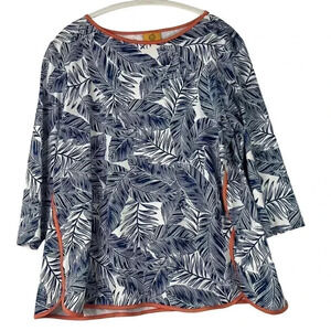 Women's Tunic Style Shirt Petite Large Blue Fern Print with Orange Accents Ruby